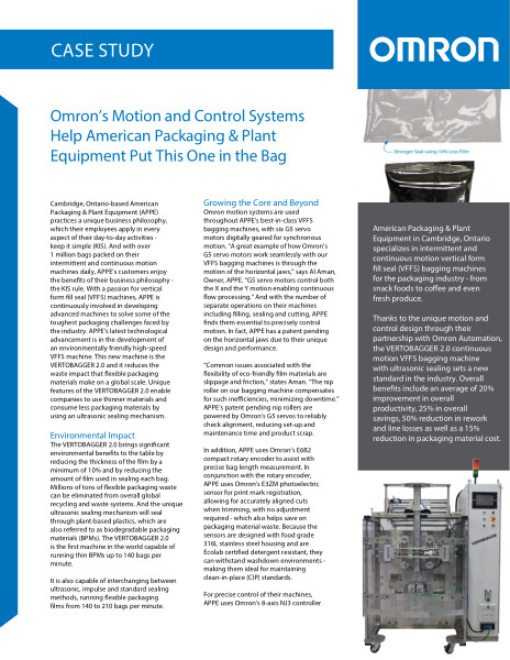 Thanks to the unique motion and control design through their partnership with Omron Automation, the VERTOBAGGER 2.0 continuous motion VFFS bagging machine with ultrasonic sealing sets a new standard in the industry.