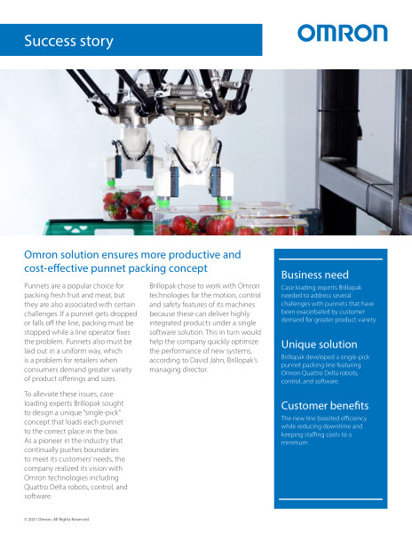 Brillopak developed a single-pick punnet packing line featuring Omron Quattro Delta robots, control and software.