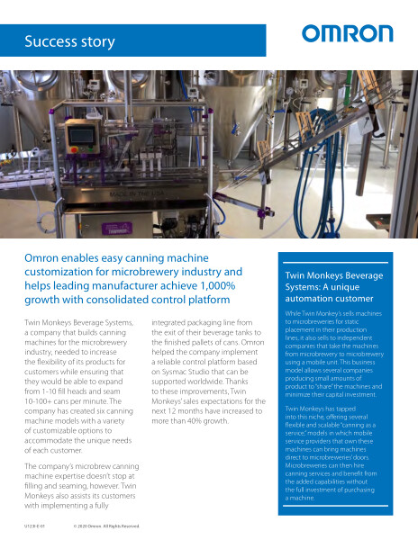 Omron enables easy canning machine customization for microbrewery industry and helps leading manufacturer achieve 1,000% growth with consolidated control platform.