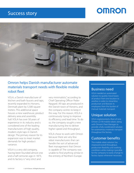 Omron helps Danish manufacturer automate materials transport needs with flexible mobile robot fleet.